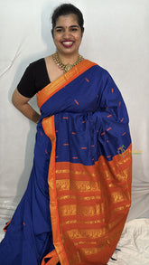 Vriksham Blue With Orange Border-Kalyani Cotton Saree-VS4594